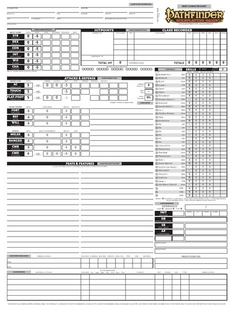 pathfinder  form fillable character sheet printable forms