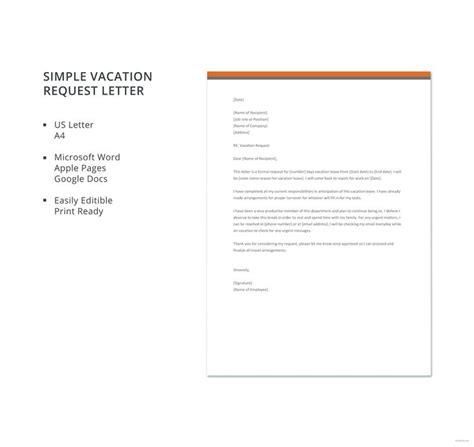 simple vacation request letter template   google docs word