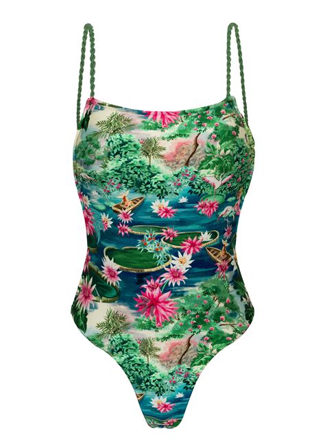 tropical green and blue one piece swimsuit with twisted ties amazonia