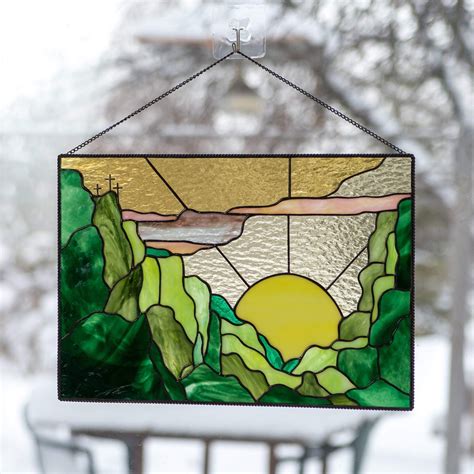 Stained Glass Sunset Window Hanging Panel For Home Decor