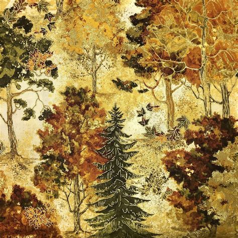 tree fabric fall autumn trees metallic timeless treasure  cotton