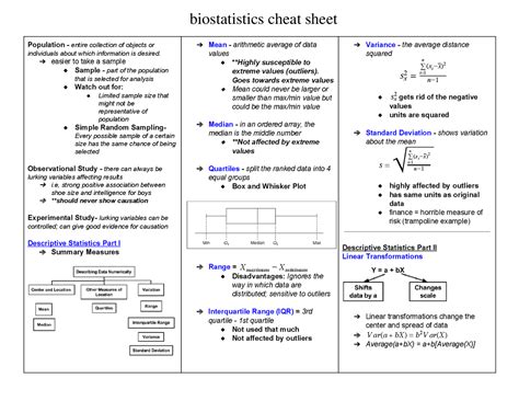 biostatistics cheat sheet docsity