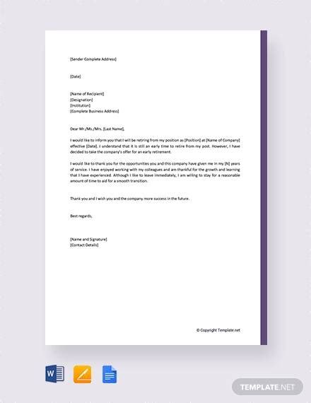 sample retirement resignation letter templates   ms word