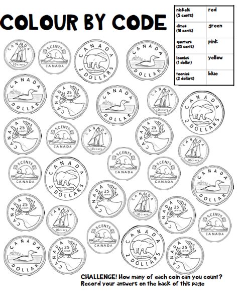 colour  code canadian coins  simple colouring activity