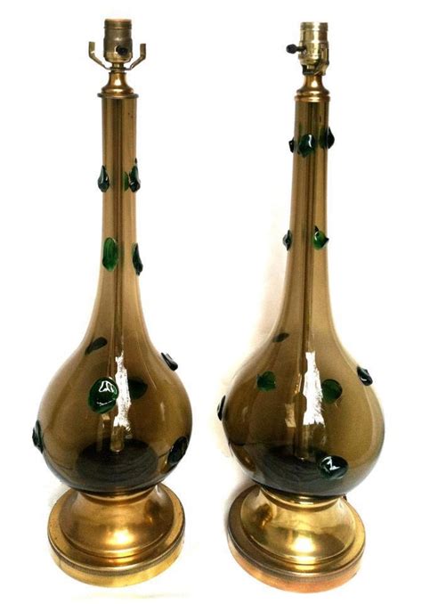 Pair Tall Vintage Italian Hand Blown Glass Lamps Muted Olive Green