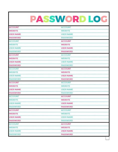bright password log printable page letter size  home binder