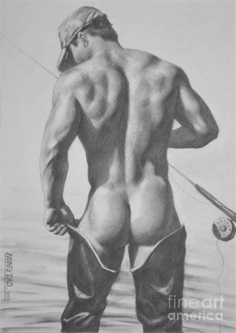 Original Drawing Sketch Charcoal Pencil Male Nude Gay
