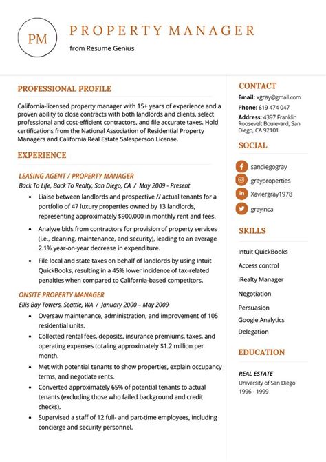 orange  white resume   real estate agent  property manager