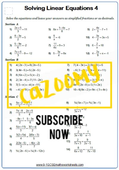 linear equations worksheets practice questions  answers cazoomy