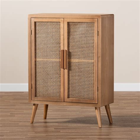 baxton studio alina oak finished wood  rattan  door storage cabinet