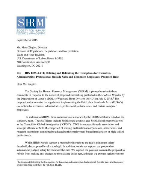 shrms comment letter society  human resource management