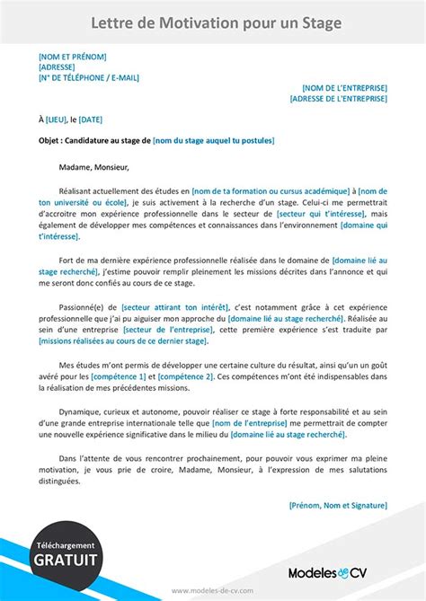 exemple de lettre de motivation pour  stage en