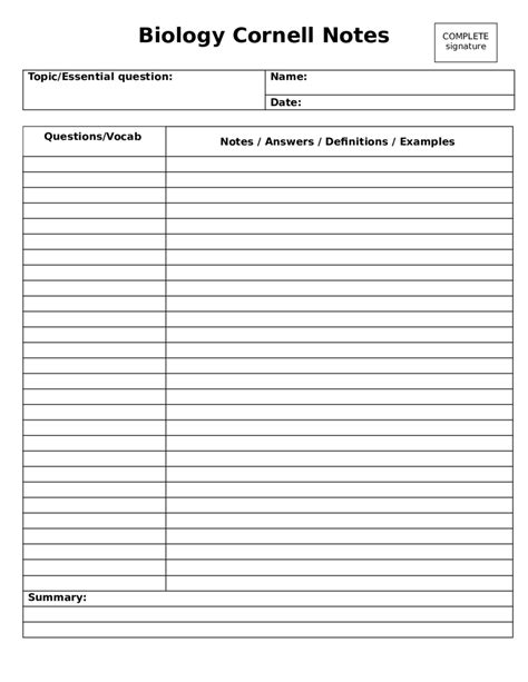 cornell notes template fillable printable  forms handypdf