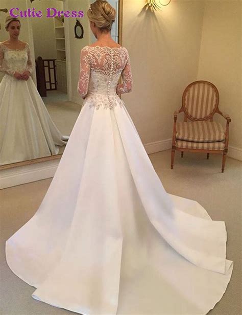 A Line Long Sleeve Satin Wedding Dress 2016 Scoop Glitter Beaded Lace