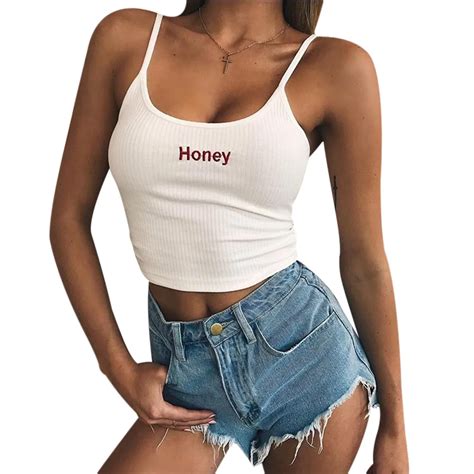 2019 women crop tops honey letter embroidery sexy tank top cropped