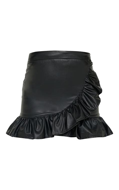 black faux leather frill hem mini skirt prettylittlething usa