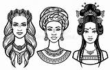 Reeks Portretten Vrouwen Verschillende Landen Tulbanden Afrikaanse Diverse sketch template