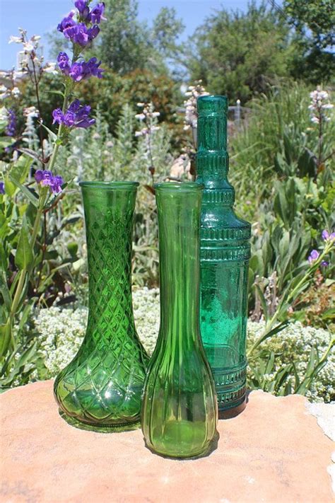 Set Of 3 Green Vintage Glass Vases And Bottle 1970 S Etsy Glass