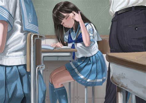 itou tatsuya original 1girl black hair classroom desk school