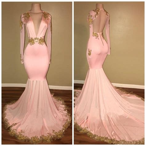 pink v neck mermaid prom dresses gold appliques open back evening