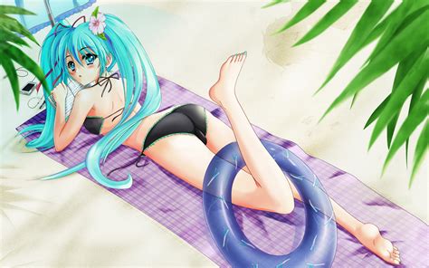 beach bikini blue hair blush hatsune miku long hair swimsuit twintails