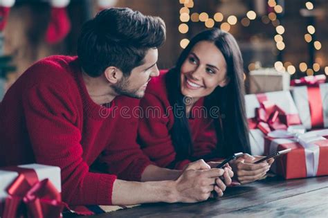 Close Up Photo Of Two Romantic Married People Use Cell