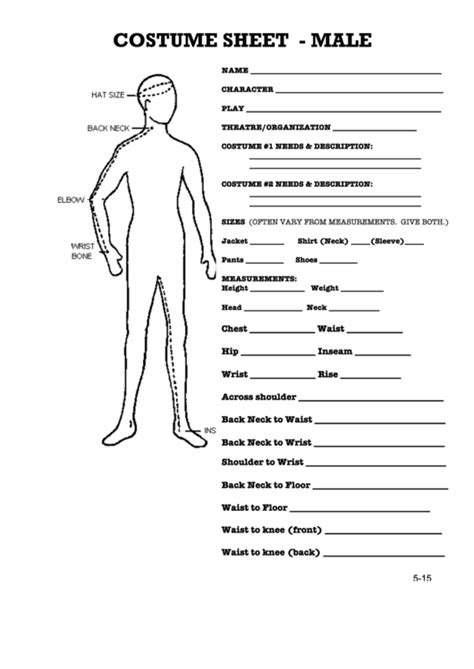 costume measurement chart form male female printable