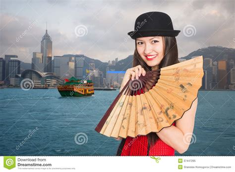 Girl On The Background Of Hong Kong Stock Image Image Of