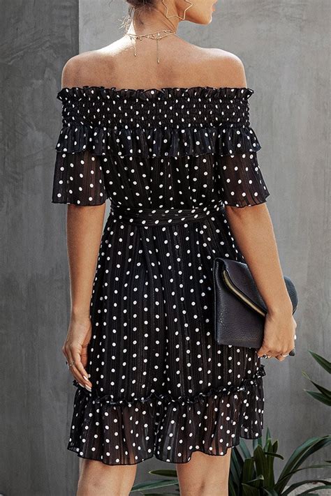 Black Polka Dot Dress With Off The Shoulder And Ruffle
