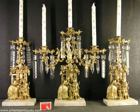 3 Piece Bronze And Marble Antique Girandole Set With Lustres