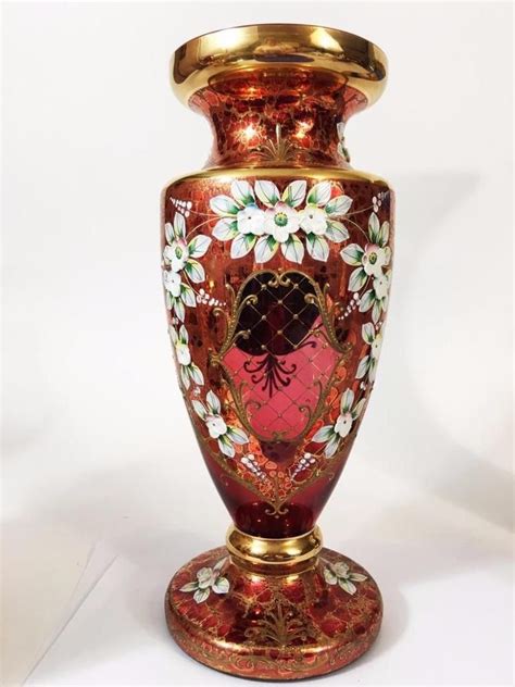 Egermann Czech Bohemian Glass Vase Big 12 Raised Enamel Ruby Red