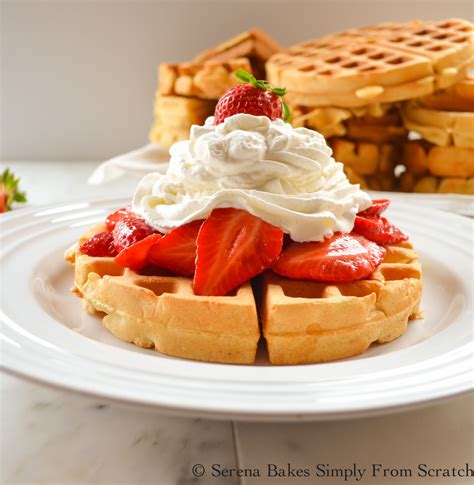 perfect waffles  strawberries  whipped cream serena bakes