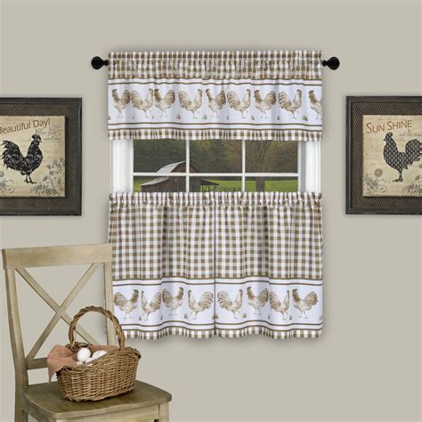 country home plaid rooster kitchen curtain tier valance set    taupe walmartcom