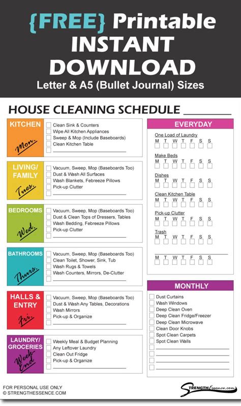 Free Printable House Cleaning Schedule Checklist Strength Essence In
