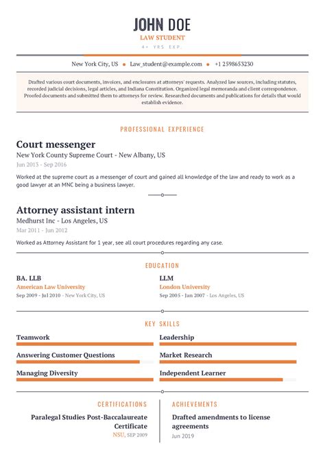 resume format  law students sample student resume