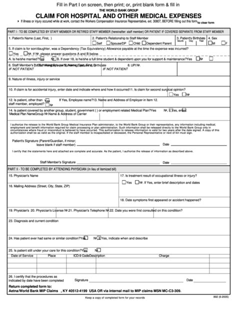 Fillable Form 892 Claim For Hospital And Other Medical