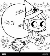 Halloween Coloring Witch Night Book Baby Flying Broom Sky Vector Alamy Illustration sketch template