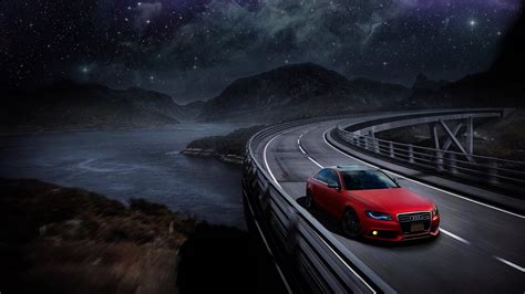 audi audi  audi  red cars car mountains starry night road