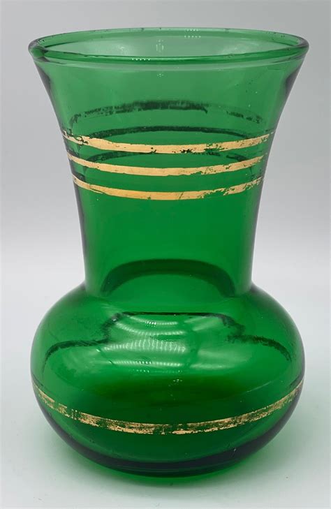 Vintage Emerald Green Glass Bud Vase With Gold Gilt Trim Etsy