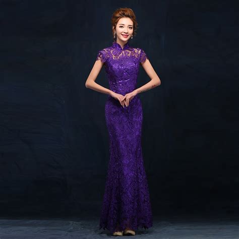 fashion purple long evening dress chinese wedding qipao cheongsam women