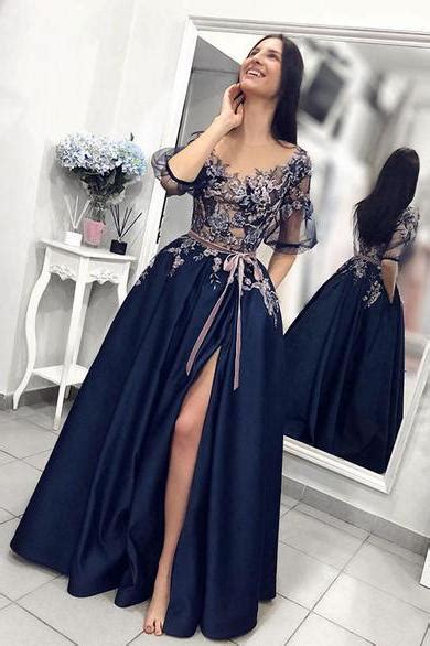 A Line Blue Prom Dresses With High Slit Short Sleeve Satin