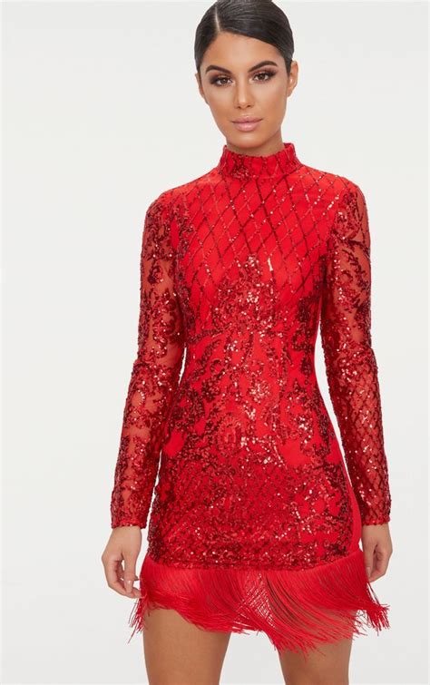 red sequin long sleeve tassel hem bodycon dress hoco dresses pretty dresses homecoming dresses