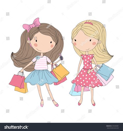 shopping girls cute girls  shopping bags stock vector