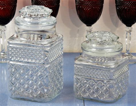 Vintage Glass Canisters 2 Square Anchor Hocking Clear Apothecary