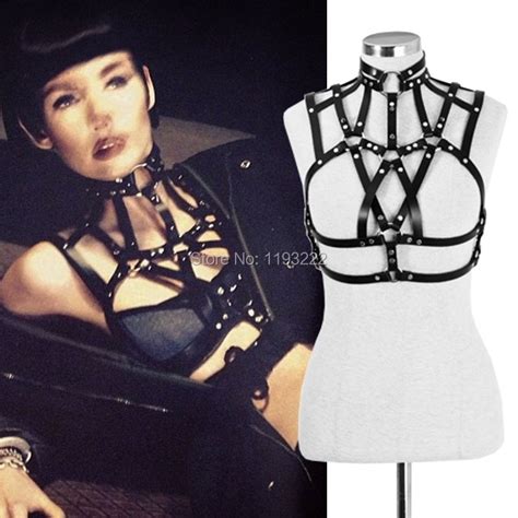 cool choker real leather women harness punk rivet body caged belt bra