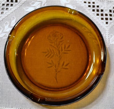 Vintage Amber Glass Ashtray Etched Cut Glass Flower Design