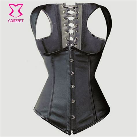 black leather corset underbust vest steel boned waist slimming corsets