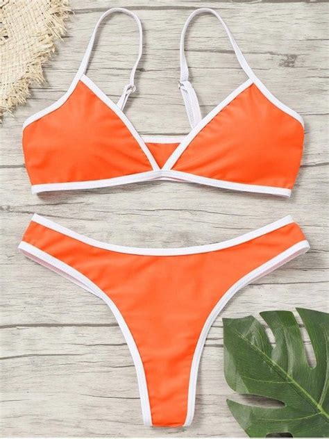 Padded Contrast Trim Thong Bikini Set Fluorescent Orange L Bath Dress