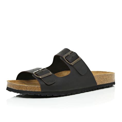 lyst river island dark brown leather double buckle sandals  brown