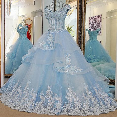 Vestido De Noiva Princesa Luxo Vintage Light Blue Wedding Dresses 2017